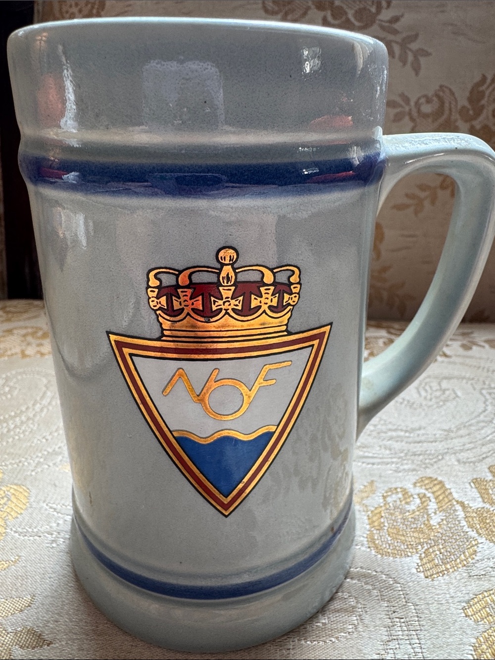 Vintage Blue Ceramic Beer Stein with Crest - Blue Accent tankard mug